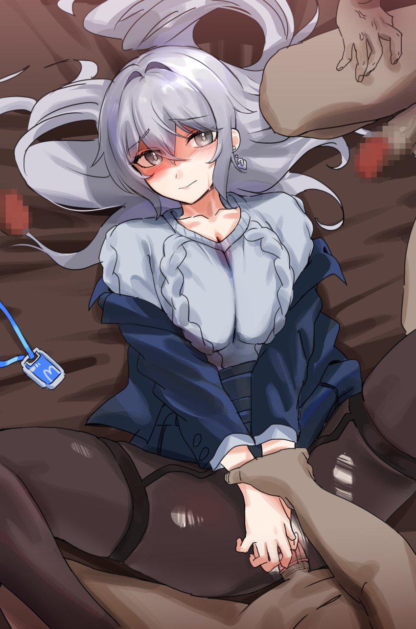 1girls 3boys aged_up arm_grab bed black_jacket black_legwear black_pantyhose black_skirt blush breasts bronya_zaychik bronya_zaychik_(silverwing:_n-ex) censored clothed_female_nude_male clothed_sex collarbone condom condom_on_penis dark-skinned_male dark_skin earrings eyebrows_visible_through_hair foursome gangbang grey_sweater hi_res honkai_(series) honkai_impact_3rd id_card large_breasts long_hair looking_at_viewer lying mmmf_foursome mosaic_censoring multiple_boys multiple_penises office_lady pantyhose pencil_skirt saki_(remainaddd) silver_eyes silver_hair skirt skirt_lift solo_focus spread_legs straight sweater thigh_strap torn_clothes torn_pantyhose