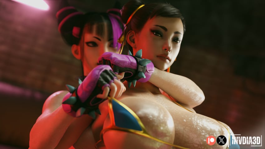 1futa 1girls 3d big_breasts black_hair blender_(software) breasts capcom chun-li cum cum_drip cum_dripping_from_penis cum_on_penis duo erection female futa_on_female futanari headlock huge_breasts huge_cock intersex invdia3d juri_han spiked_bracelet street_fighter street_fighter_6