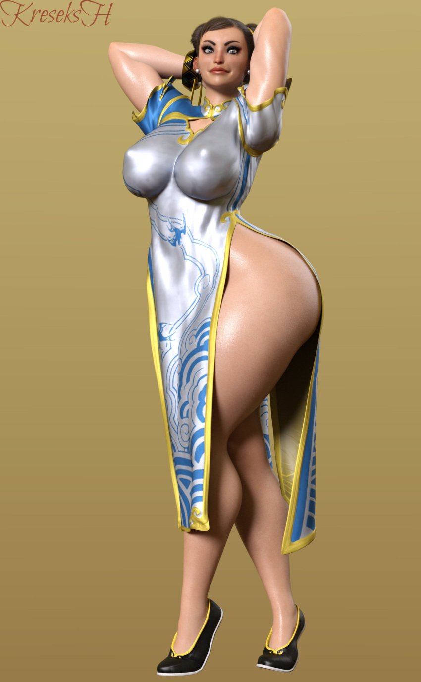 1girls 3d 3d_(artwork) asian_female ass big_ass big_breasts big_hips big_thighs black_hair blue_dress bracelet bubble_butt busty chun-li dat_ass dress earrings fat_ass female_only hair_accessory hair_bun huge_ass human human_only image kreseks looking_at_viewer makeup naked_under_clothes no_bra no_panties shoes solo solo_female standing street_fighter street_fighter_6 thick_thighs