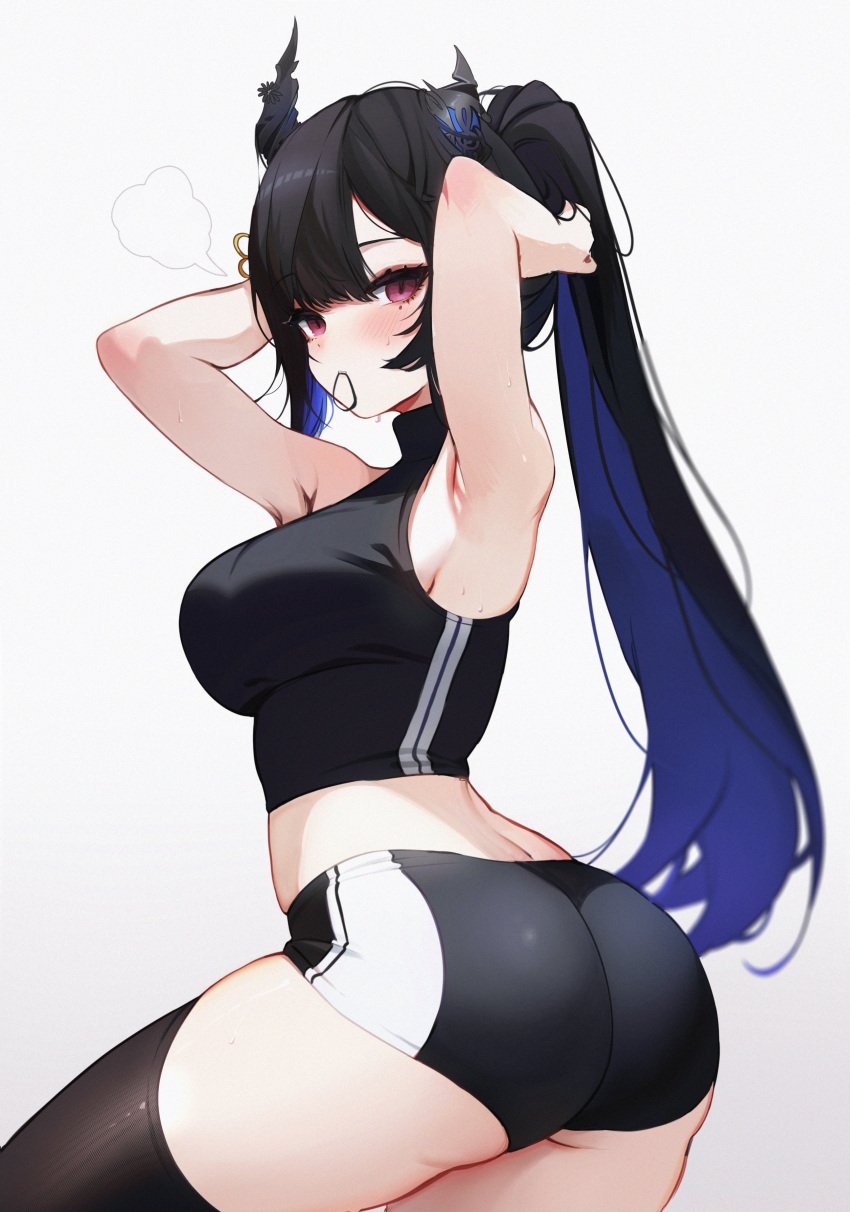 1girls ass black_hair booty_shorts breasts female hololive hololive_english hololive_english_-advent- huge_breasts koahri large_ass light-skinned_female light_skin long_hair nerissa_ravencroft ponytail red_eyes short_shorts shorts sports_bra sportswear virtual_youtuber