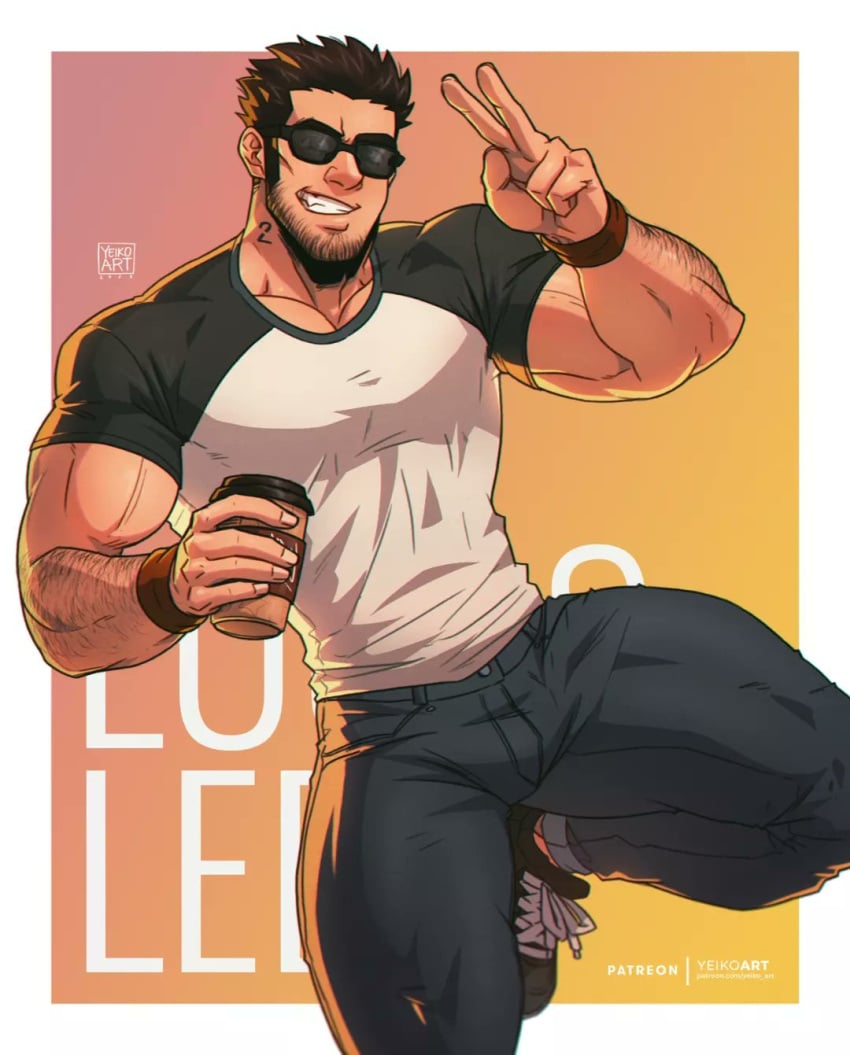 1boy 2023 bara barazoku beard_stubble black_hair bulge clothing facial_hair gay hairy hairy_arms looking_at_viewer lucas_lee male male_focus male_only manly muscular_male scott_pilgrim solo solo_male tight_clothing yaoi yeiko_art