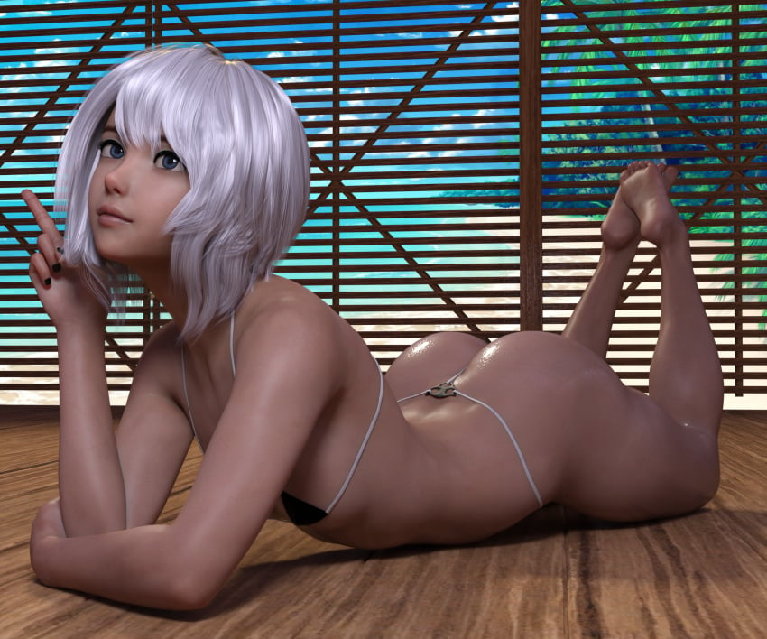 3d ass barefoot beach bikini blue_eyes damz oiled peace_sign shiny_skin white_hair