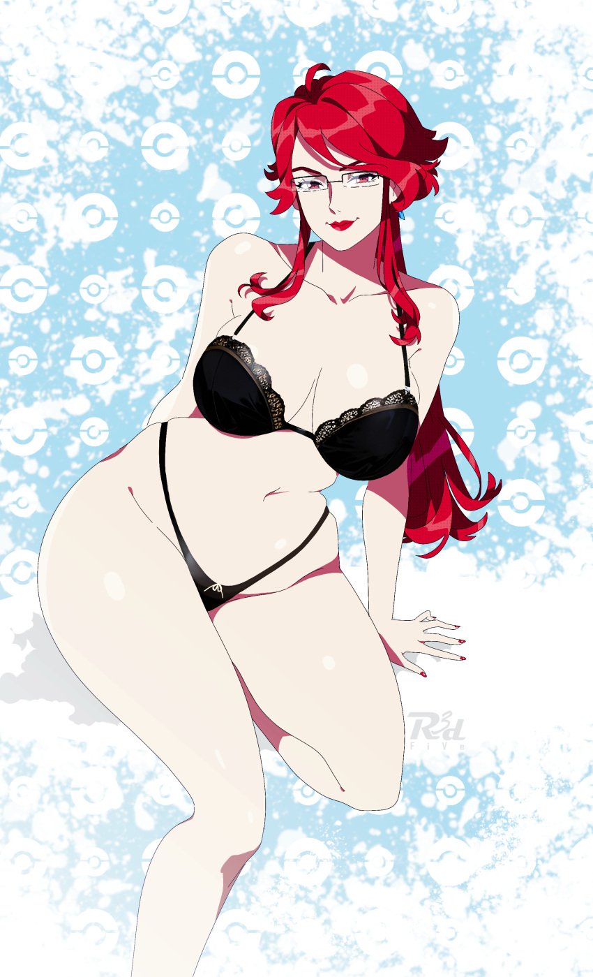 1girls big_breasts black_bra black_panties bottomwear bra breasts cleavage eyewear female female_only game_freak glasses hair hips huge_breasts lingerie lips lipstick lorelei_(pokemon) mature mature_female nail_polish nails panties pokemon pokemon_rgby r3dfive red_eyes red_hair red_lips red_lipstick smile solo solo_female thighs topwear wide_hips