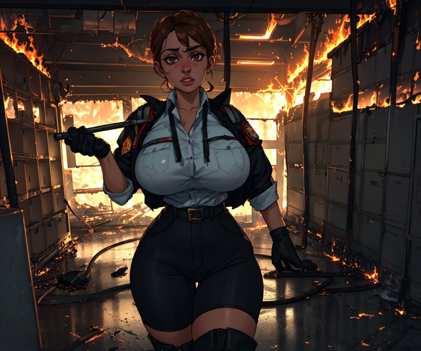 ai_generated big_breasts brown_hair fire firefighter firefighter_uniform gloves indoors stable_diffusion white_shirt