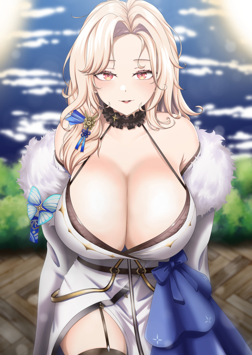 1girls blonde_hair breasts cleavage collarbone cowboy_shot fur_trim garter_straps goddess_of_victory:_nikke hair_ornament hi_res huge_breasts long_hair looking_at_viewer ludmilla_(nikke) ludmilla_(winter_owner)_(nikke) off_shoulder orange_eyes parted_lips ramiki ribbon solo solo_female thighhighs white_coat