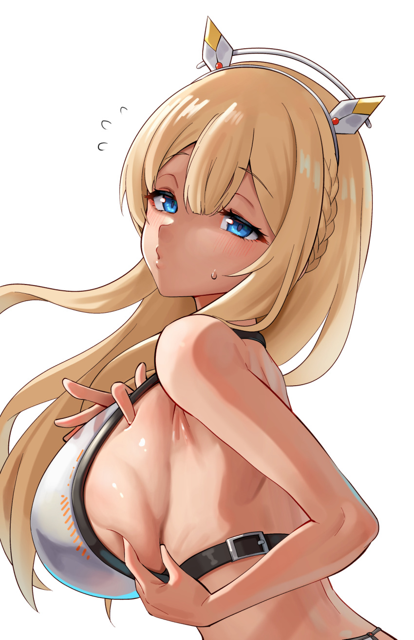 1girls ajidot blonde_hair blue_eyes blush bra breast_grab breast_hold breast_pinch goddess_of_victory:_nikke large_breasts pursed_lips sideboob sweat tove_(nikke) white_background