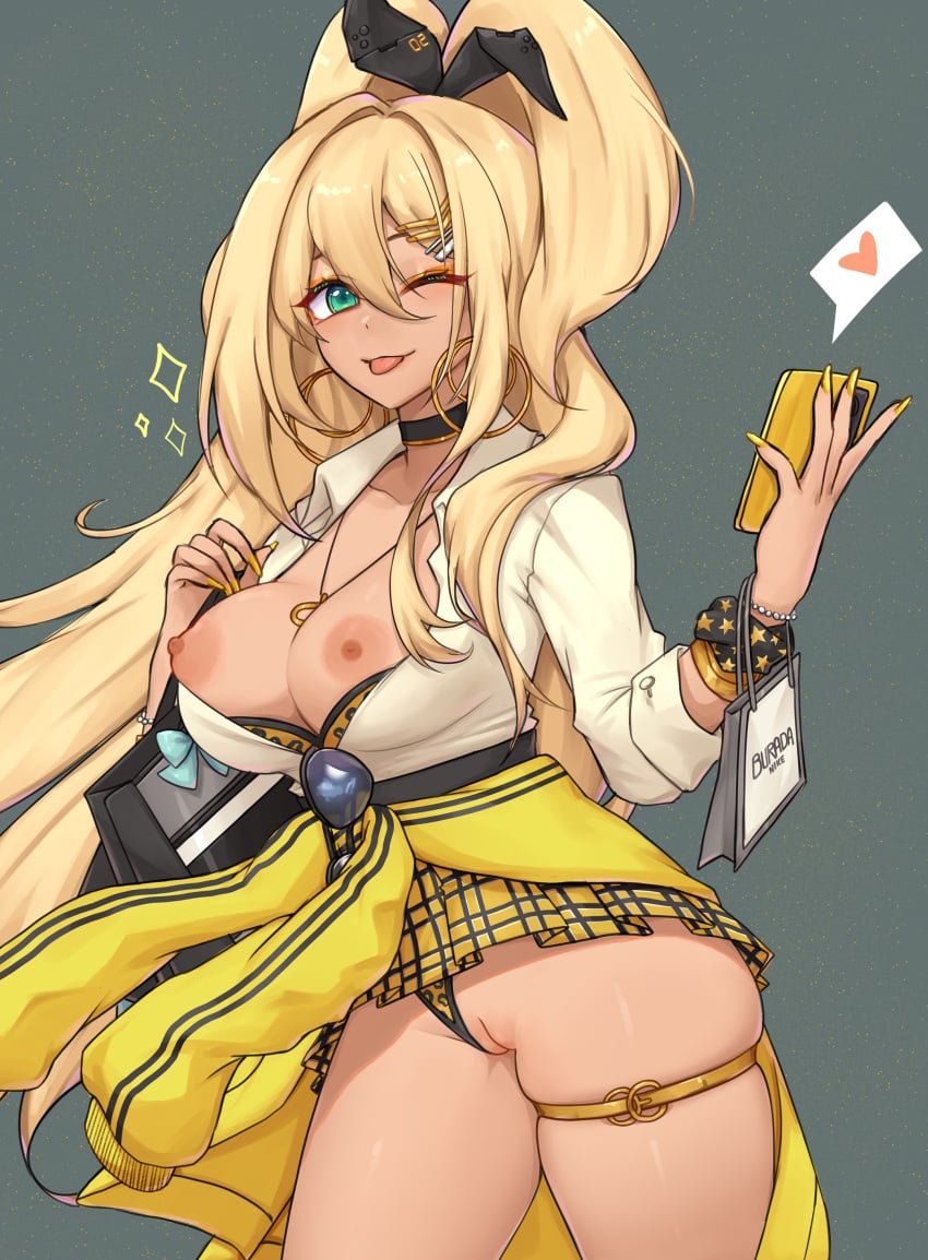 1girls ary blonde_hair earrings exposed_breasts exposed_pussy eyeliner goddess_of_victory:_nikke green_eyes gyaru hair_ornament hair_ribbon highres jacket jacket_around_waist long_hair looking_at_viewer nails partially_clothed partially_clothed_female rupee_(nikke) single_girl smartphone sunglasses sunglasses_removed tan-skinned_female tan_skin tongue tongue_out wink winking_at_viewer