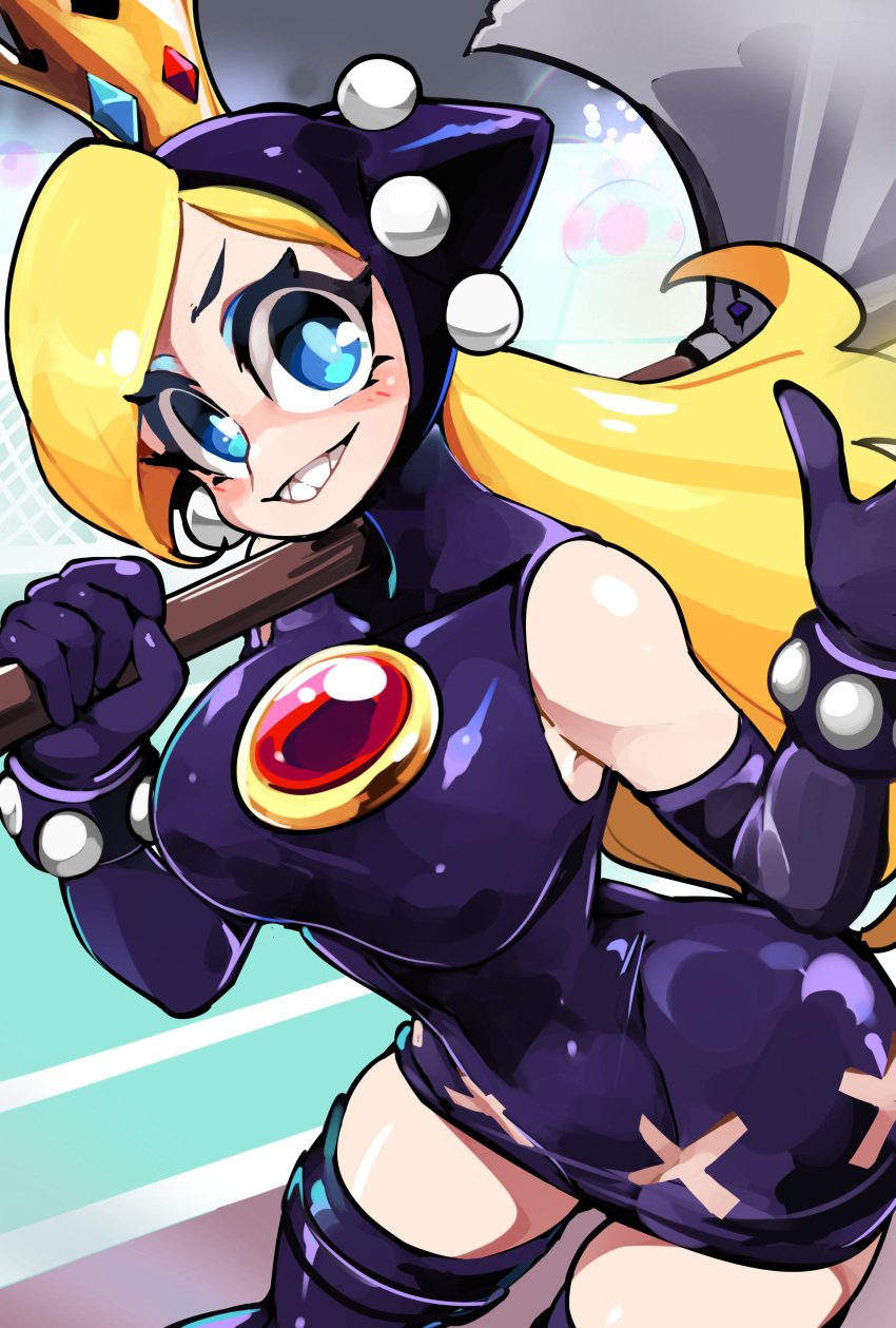 1girls absurd_res axe blonde_hair blue_eyes bongfillstudent crown female female_only latex latex_clothing latex_dress light_blush long_hair looking_at_viewer mario_(series) mario_tennis nintendo sharp_teeth smiling smiling_at_viewer solo teeth_showing wapeach weapon_on_shoulder