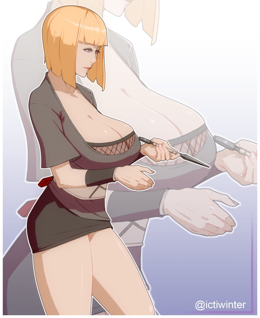 1girls blonde_hair bob_cut breast_focus breasts cleavage female_focus highres huge_breasts kunai kunoichi materclaws naruto naruto_(series) naruto_shippuden ninja pinup purple_eyes samui short_hair skindentation solo thick_thighs thighs weapon zoom_layer