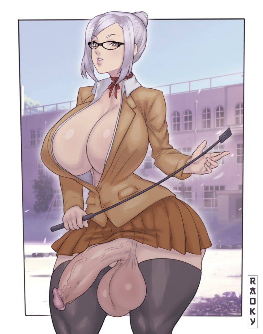 1futa 2023 2d artist_name balls ballsack big_balls big_breasts big_penis black_thighhighs bottomless breasts cleavage clothed clothing color dangling_testicles erection eyebrows_visible_through_hair eyewear foreskin foreskin_folds futa_only futanari glasses hi_res holding_object huge_breasts huge_hips human inner_foreskin intact large_balls large_breasts large_penis light-skinned_futanari light_skin looking_at_viewer low_hanging_balls mostly_clothed open_clothes outdoors outside penis penis_out prison_school raoky retracted_foreskin riding_crop scrotum shiraki_meiko skirt small_waist smooth_balls solo standing testicles thick_thighs thighhighs thighs thin_waist uncut veiny_penis white_hair wide_hips