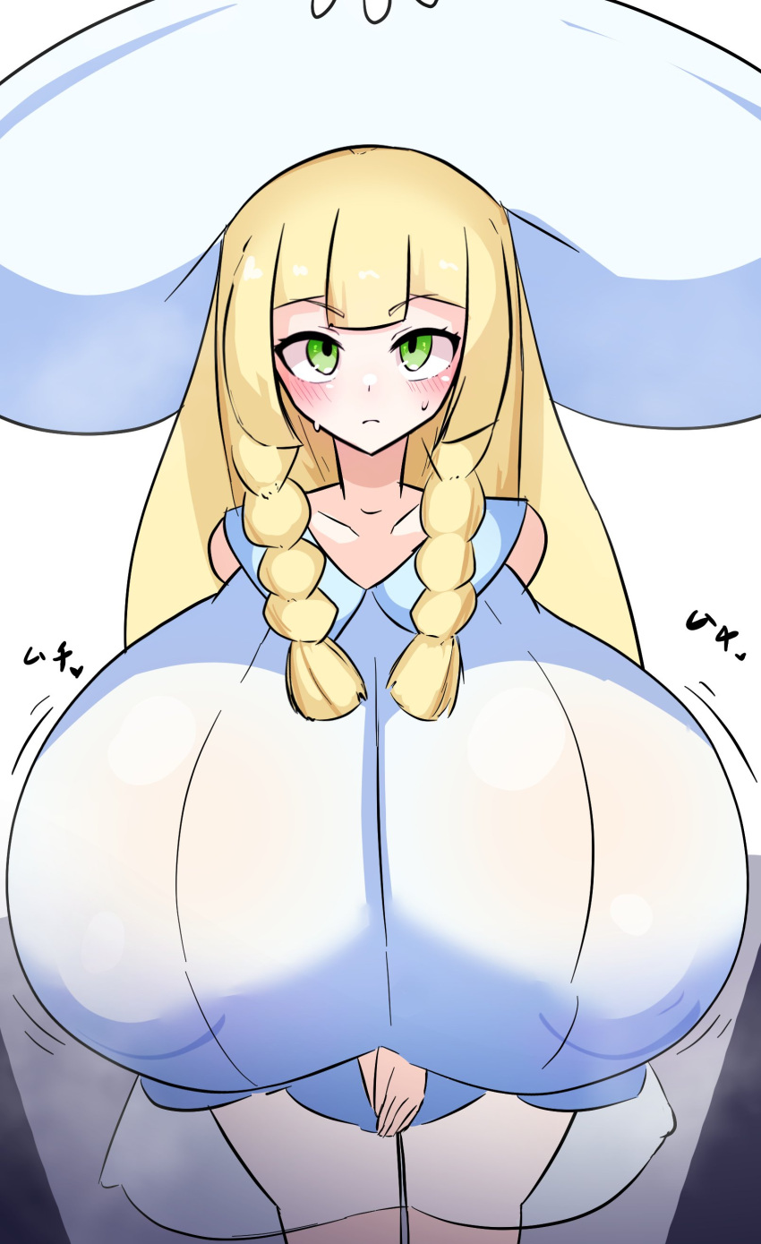 big_breasts breasts_bigger_than_head clothed female female_only huge_breasts lillie_(pokemon) nintendo nipples_visible_through_clothing no_bra pokemon skeletons62