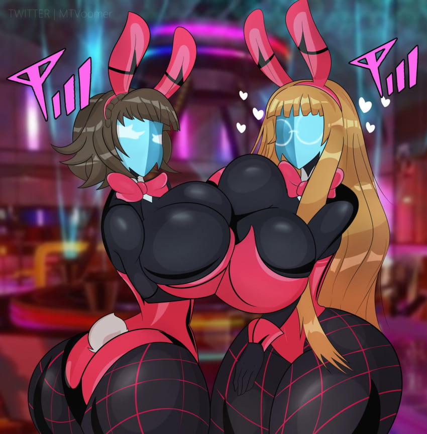 2girls after_transformation asymmetrical_docking atlus bare_shoulders big_breasts black-skinned_female black_skin bowtie brainwashed brainwashing breasts_bigger_than_head brown_hair bubble_ass bubble_butt bunny_costume bunny_ears bunny_ears_headband bunny_girl bunny_tail bunny_waitress bunnysuit casino cleavage clothed clothed_female clothing enemy_conversion female female_only fishnet_legwear fishnet_stockings fishnets hearts_around_head huge_ass huge_breasts huge_butt implied_transformation leotard long_hair makoto_niijima mask masked masked_female mind_control mtvoomer multiple_girls orange_hair persona persona_5 post_transformation red_bowtie red_bunny_ears red_bunnysuit red_fishnets red_leotard round_ass round_butt sakura_futaba shadow_(persona) shadow_waitress short_hair slim_waist small_waist thick_thighs transformation waitress wide_hips