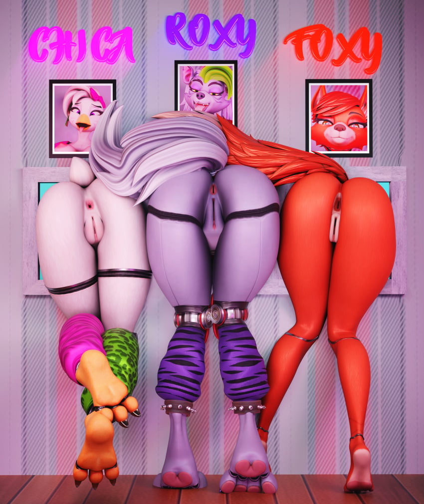 chica_(fnaf) female five_nights_at_freddy's five_nights_at_freddy's:_security_breach fnaf foxy_(fnaf) foxy_(mayosplash) glamrock_chica_(fnaf) glamrock_chica_(mayosplash) glory_hole looking_ass looking_at_viewer looking_back presenting_hindquarters roxanne_wolf_(fnaf) roxanne_wolf_(mayosplash)