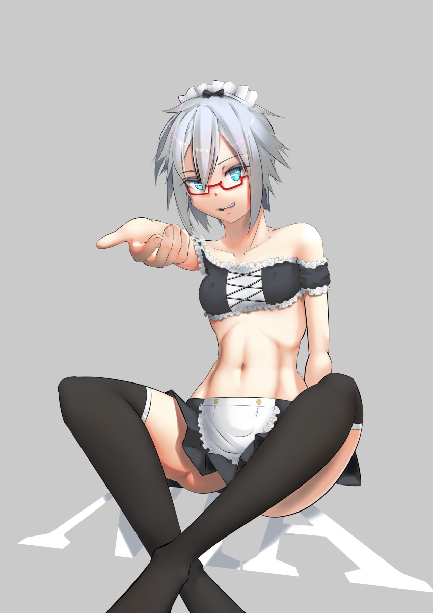 belly belly_button blue_eyes breasts date_a_live digitalfragment female female_only glasses grey_hair honjou_nia light-skinned_female maid_uniform short_hair small_breasts socks solo solo_female thighs