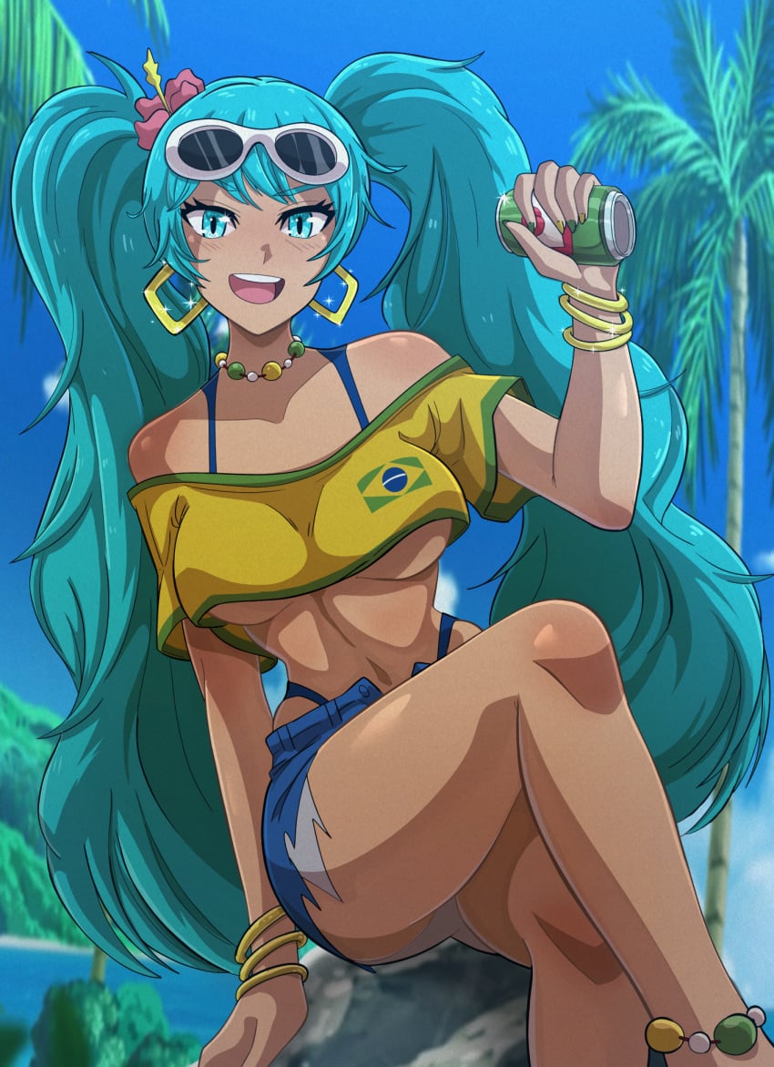 1girls belly bikini bracelet bracelets brazilian_female brazilian_flag brazilian_miku clothed clothing colored_nails crop_top crossed_legs cyan_eyes cyan_hair earings eyewear_on_head fingernails flower flower_in_hair footwear green_eyes guarana_antarctica hatsune_miku holding_object jewelry knees long_hair looking_at_viewer meme navel necklace open_mouth painted_nails panties shorts sitting solo solo_female sparkles stomach sunglasses tan_body tan_skin tank_top thighs twintails underboob underwear xeroshadows