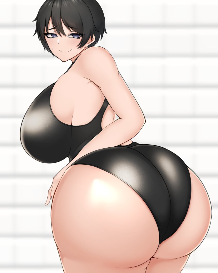 armpit_crease black_hair black_one-piece_swimsuit black_swimsuit blue_eyes cowboy_shot huge_ass huge_breasts looking_at_viewer one-piece_swimsuit short_hair swimsuit tokitamago