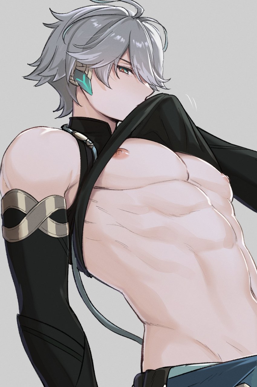 1boy abs absurdres alhaitham_(genshin_impact) aqua_eyes black_shirt black_sleeves clothes_lift earrings genshin_impact grey_hair hachiten hair_between_eyes hair_over_one_eye highres jewelry male_focus multicolored_hair muscular muscular_male nipples shirt shirt_lift short_hair solo solo_male white_hair