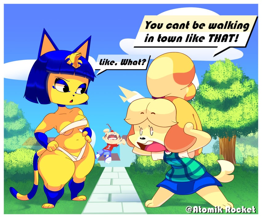 1boy 2girls animal_crossing ankha anthro ass atomik_rocket belly blonde_hair blue_hair breasts canine canine_humanoid chubby chubby_female english_text feline feline_humanoid female female_focus furry gauze hands_on_hips hips isabelle_(animal_crossing) large_ass male mostly_nude mostly_nude_female multiple_girls nintendo nosebleed shocked shocked_expression skirt stomach text text_bubble thick_thighs thighs tree villager_(animal_crossing) wide_hips yellow_body yellow_fur