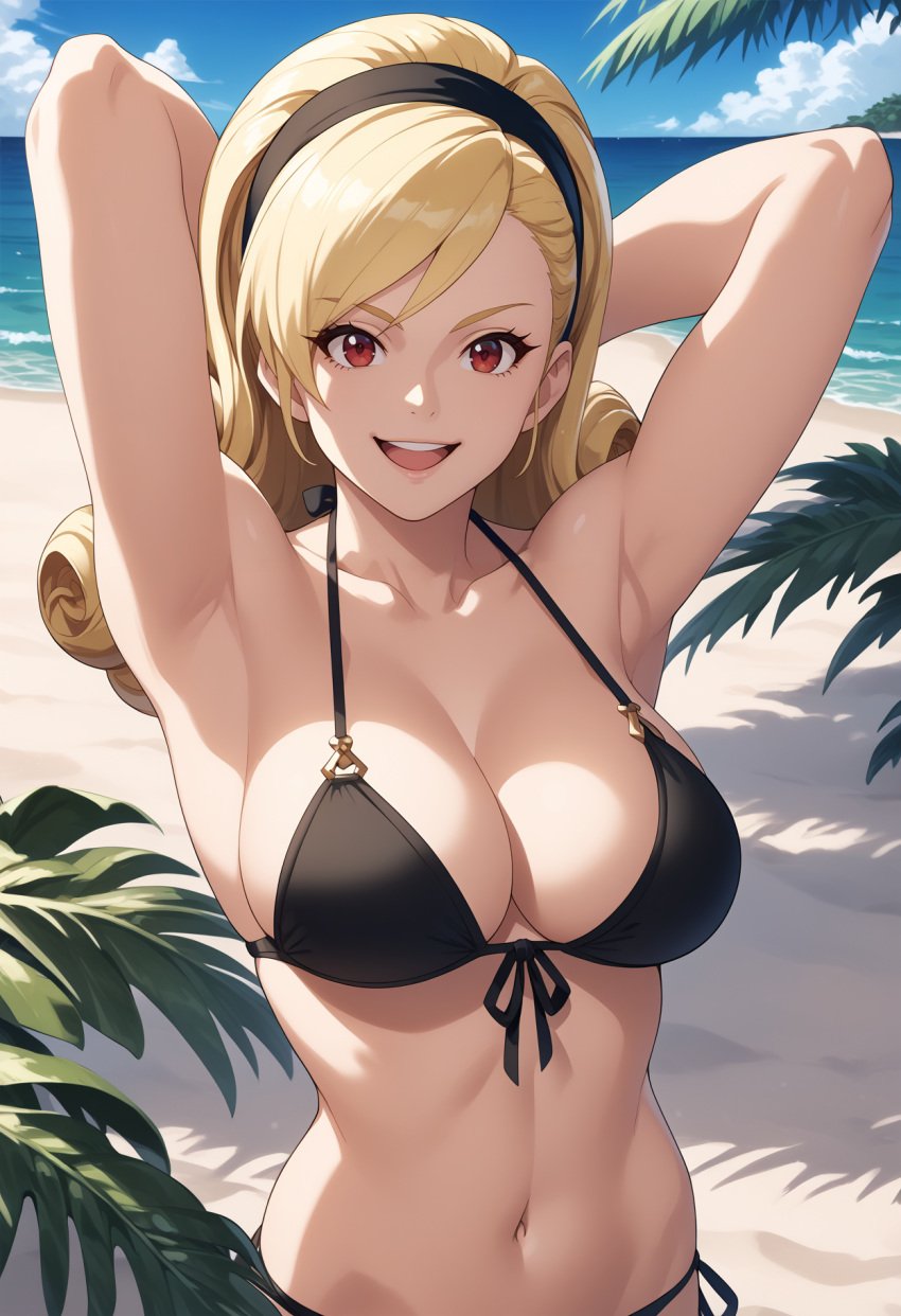 ai_generated armpits arms_up bikini bikini_top black_bikini black_bikini_top blonde_female blonde_hair breasts king_of_fighters king_of_fighters_maximum_impact large_breasts lien_neville looking_at_viewer pale-skinned_female smile