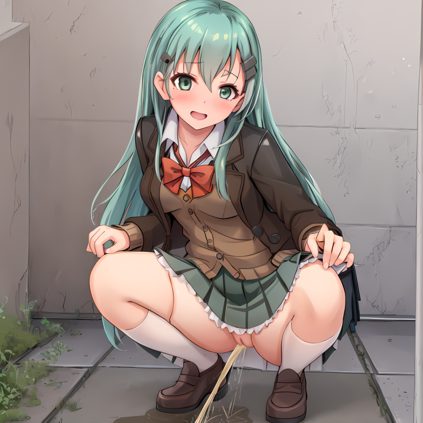 1girls ai_generated aqua_hair blush bow breasts caught kantai_collection long_hair looking_at_viewer no_panties open_mouth peeing skirt solo solo_female solo_focus squatting suzuya_(kantai_collection) suzuya_kai_ni_(kantai_collection) thighhighs urine white_thighhighs