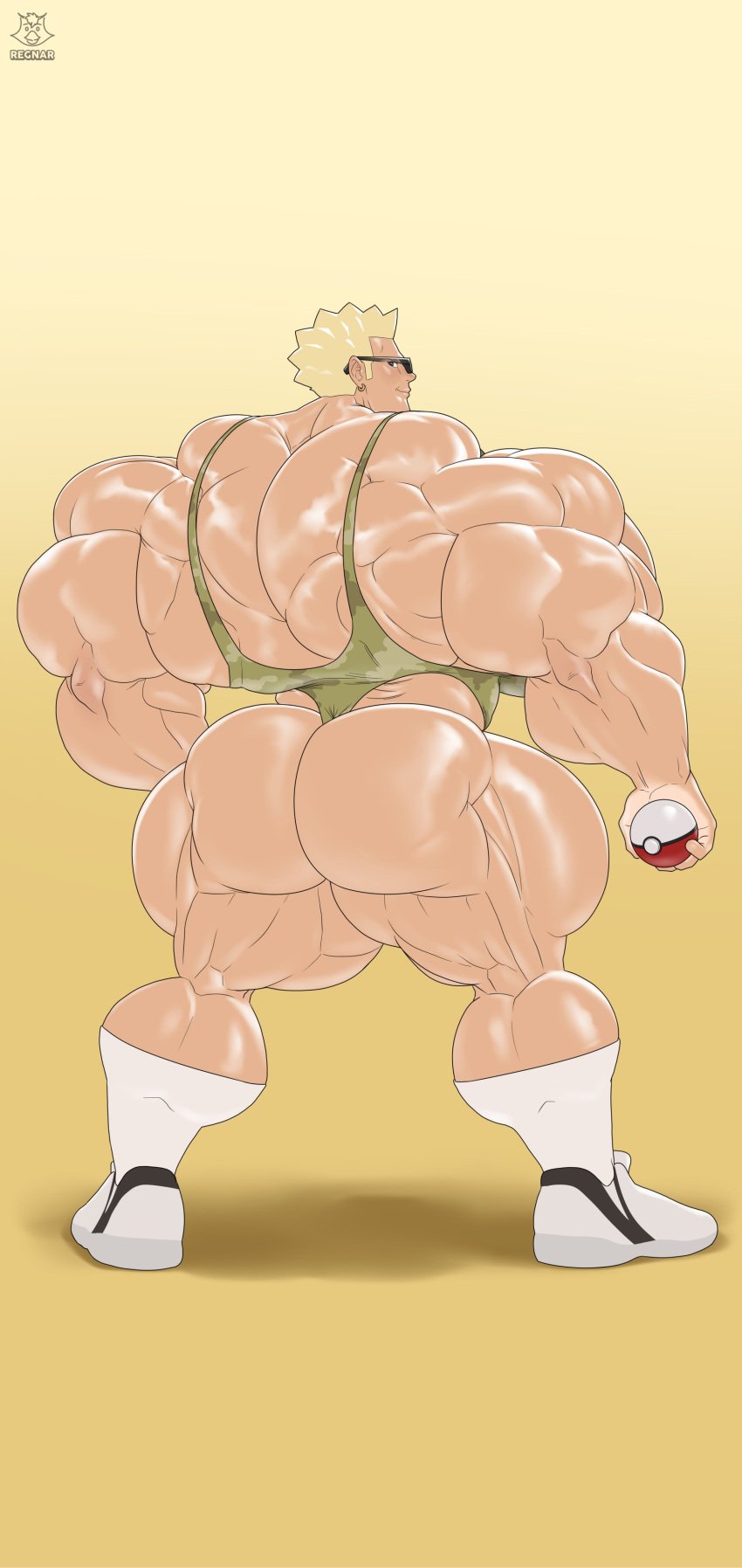 bodybuilder highres looking_at_viewer looking_back looking_back_at_viewer lt_surge male male_focus male_only muscles muscular muscular_arms muscular_back muscular_male muscular_thighs phone_wallpaper pokeball pokemon regnar sunglasses swimsuit thick_ass thick_thighs wallpaper