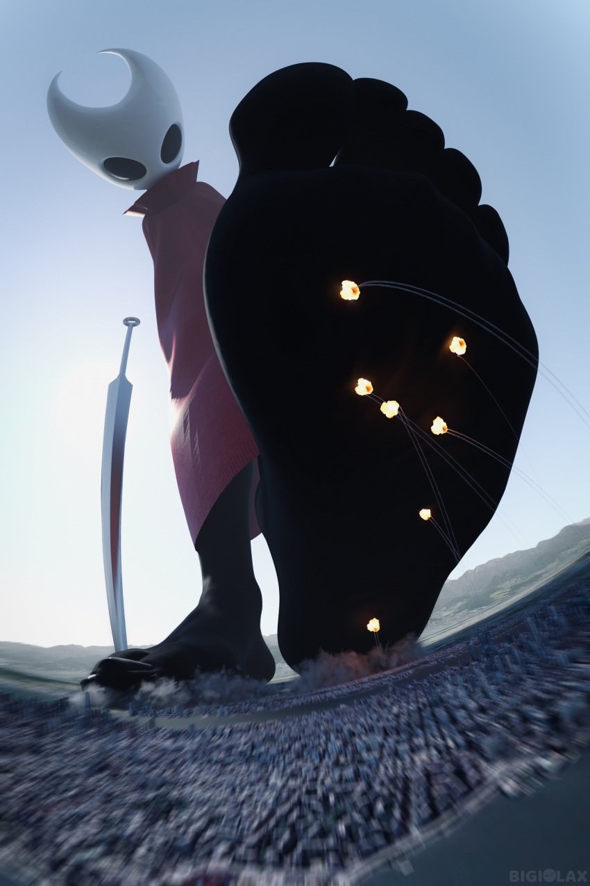 1girls 3d bigiolax black_skin city city_destruction destruction feet female foot_fetish giantess giga_giantess hollow_knight hornet_(hollow_knight) humanoid imminent_crush imminent_stomp insects macro soles tagme team_cherry