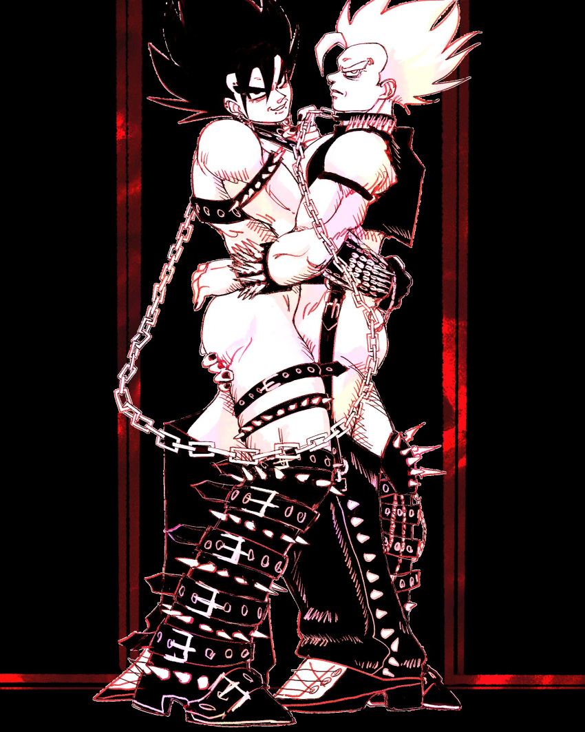 2boys accessory alternate_costume angry artist_request ass ass ass_grab black_background black_nails boots bottomless bottomless_male butt_grab chain_leash chains collar digital_media_(artwork) dragon_ball_z ear_piercing ear_ring earrings eyebrow_piercing facial_piercing footwear full-length_portrait full_body fusion gay gogeta goth harness hi_res holding_another jewelry leash leash_and_collar leash_pull male_focus male_only monochrome muscular muscular_male nail_polish nose_piercing nose_ring partially_clothed piercing potara_earrings ring_piercing simple_background smile smiling smiling_at_viewer source_request spiked_armlet spiked_boots spiked_bracelet spiked_hair spiked_legband straps suggestive suggestive_look vegito vest yaoi