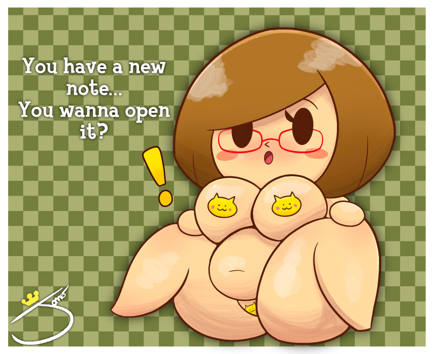 ! 1girls 2022 artist_name belly big_belly big_breasts blush breasts brown_hair chubby female glasses large_breasts mob_face nikki_(swapnote) nintendo nipple_pasties pasties plump presenting princess_jomes short_hair solo swapnote text thick thick_thighs thighs