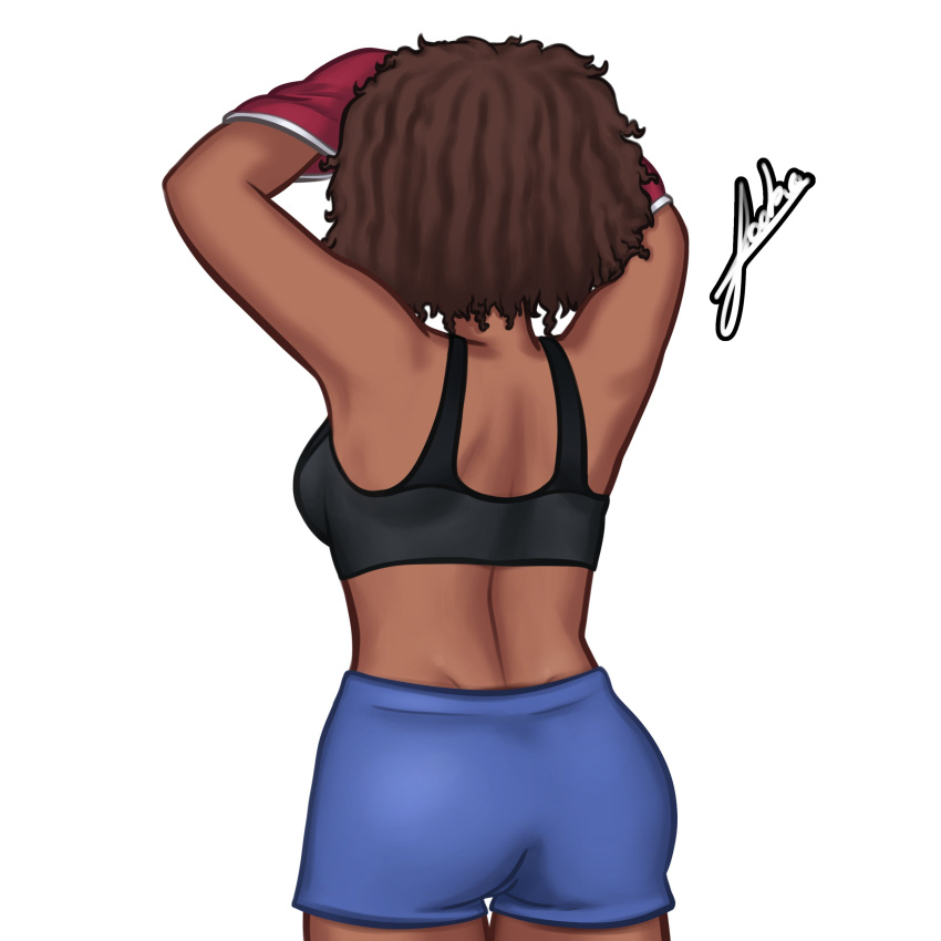 1girls 2d 2d_(artwork) afro alternate_version_available brown_hair curly_hair dark-skinned_female dark_skin digital_drawing_(artwork) digital_media_(artwork) female female_focus female_only gym_shorts joakadraws presenting rhonda_(summertime_saga) shirt shirt_lift shirt_up shorts simple_background solo solo_focus sports_bra sportswear standing summertime_saga tank_top tank_top_lift undressing watermark white_background