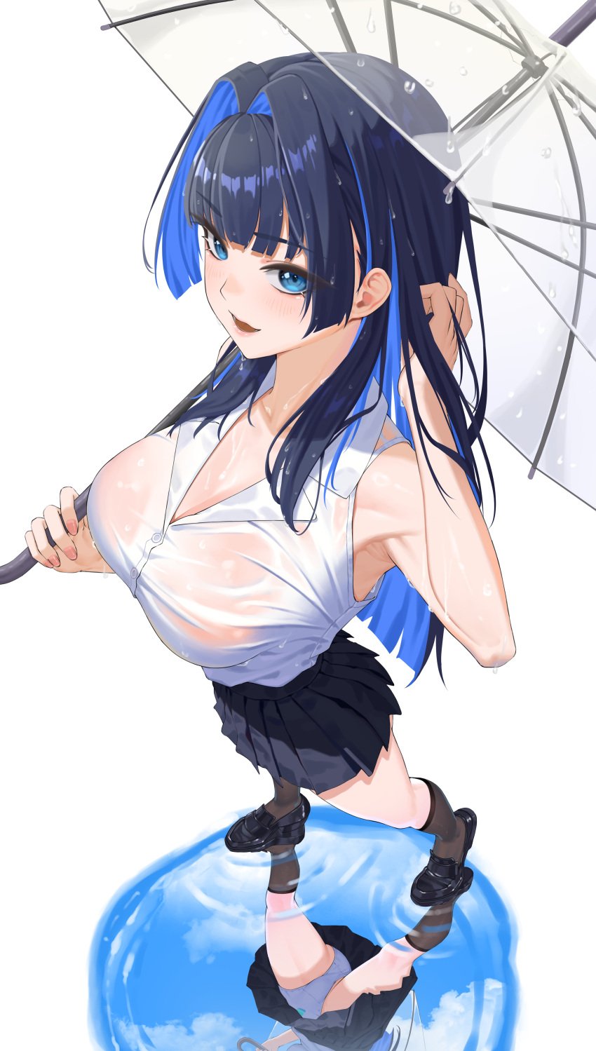 1girls absurdres adjusting_hair alternate_costume bangom_r black_skirt black_socks blue_eyes blue_hair blue_sky blunt_bangs blunt_ends breasts cloud collared_shirt colored_inner_hair commentary female female_only fingernails from_above full_body hair_intakes hand_up highres hime_cut holding holding_umbrella hololive hololive_english hololive_english_-council- hololive_english_-promise- huge_breasts kneehighs lapels light-skinned_female light_skin loafers long_hair looking_at_viewer miniskirt multicolored_hair notched_lapels official_alternate_costume open_mouth ouro_kronii panties pantyshot pantyshot_through_reflection pleated_skirt puddle reflection reflective_water revision shirt shirt_tucked_in shoes sidelocks simple_background skirt sky sleeveless sleeveless_shirt socks solo transparent transparent_umbrella umbrella underwear virtual_youtuber walking wet wet_clothes wet_shirt white_background white_panties white_shirt