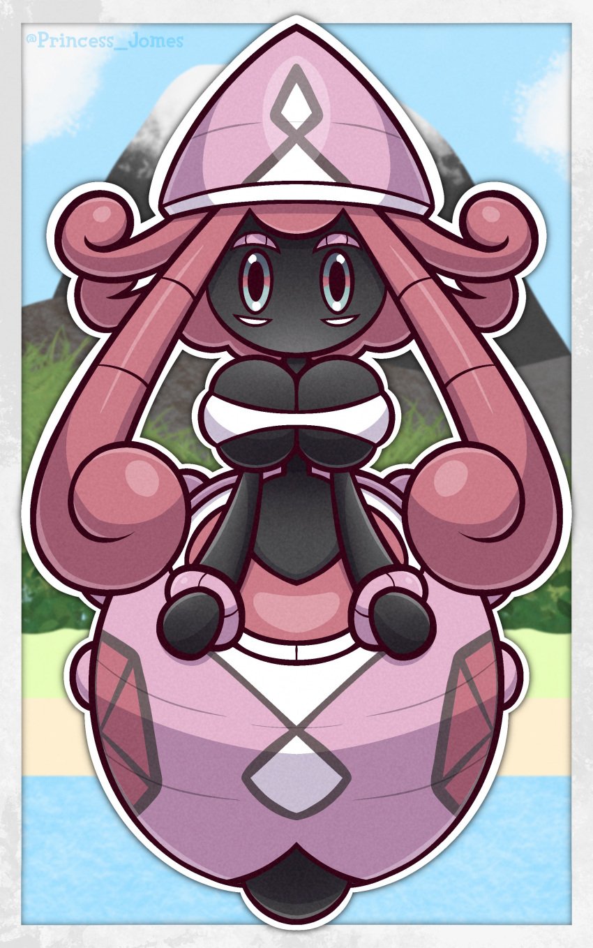 2023 big_breasts black_body breasts cleavage female large_breasts legendary_pokémon nintendo no_humans pink_hair pokémon_(species) pokemon pokemon_sm princess_jomes solo tapu_lele thin_waist