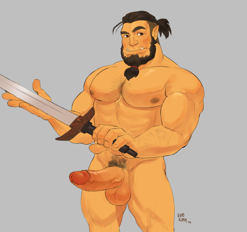 balls beard facial_hair genitals humanoid katu kupoklein male male_only melee_weapon muscular muscular_humanoid muscular_male orc orc_male penis solo solo_male sword vein veiny_penis weapon