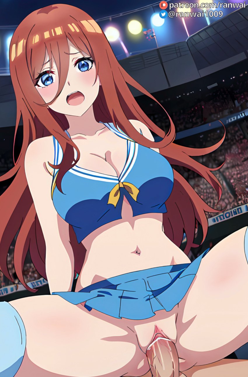 ai_generated anime blue_eyes bondage brown_hair cheerleader cheerleader_outfit cowgirl_position go-toubun_no_hanayome nakano_miku quintuplets ranwai sex stable_diffusion vaginal_penetration vaginal_sex