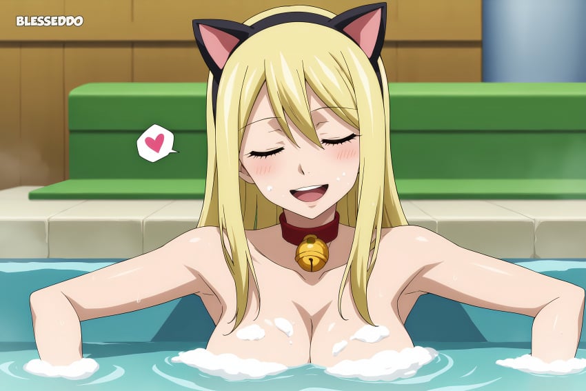 1girls ai_generated bathroom blesseddo blonde_hair breasts cat_bell cat_ears cleavage collar fairy_tail female female_only long_hair lucy_heartfilia no_bra no_panties nude solo