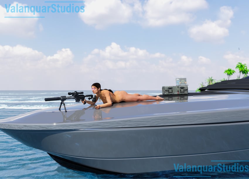 3d call_of_duty casual farah_karim female female_focus female_only firearm highres human modern_warfare nude nude_female nudist ocean ocean_background outdoor_nudity outdoors pale_skin pinup prone prone_position radio rifle sniper sniper_rifle sunglasses valanquarstudios weapon yacht