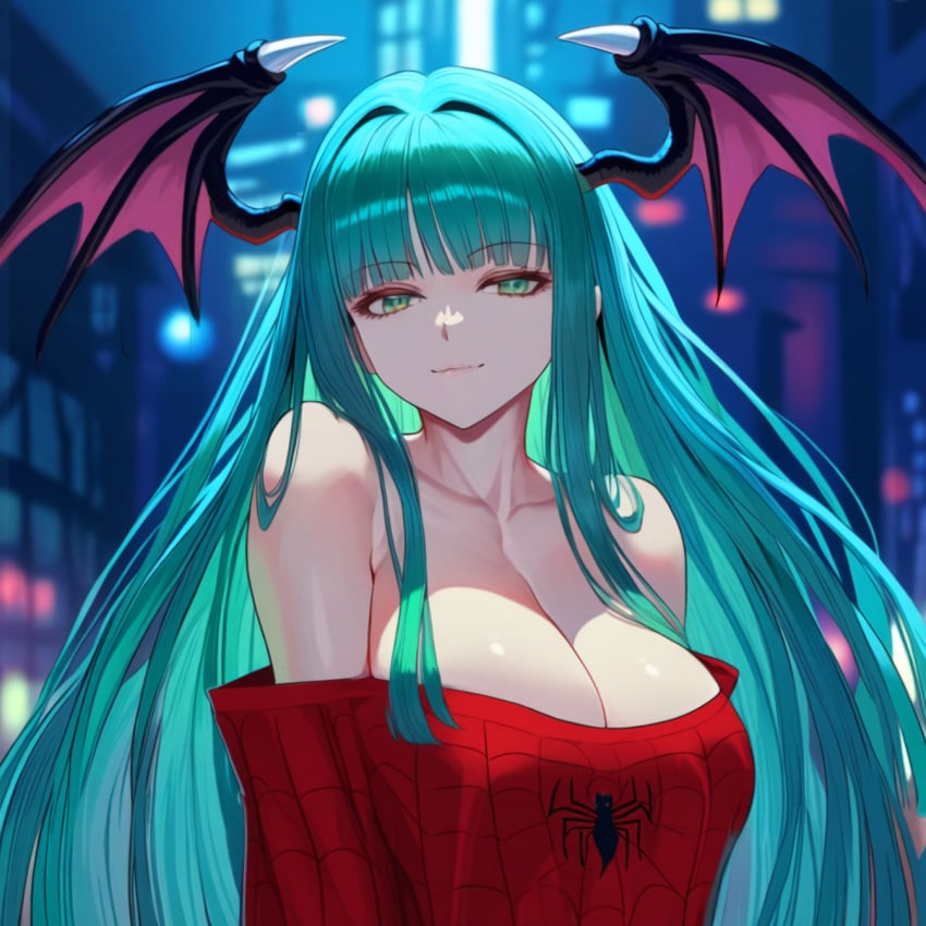 1girls ai_generated bare_shoulders big_breasts book breasts capcom city city_background cosplay crossover curvaceous curvy curvy_female curvy_figure darkstalkers demon demon_horns fat_breasts female giant_breasts green_eyes green_hair huge_breasts marvel marvel_comics marvel_vs._capcom mature_female milkers monster_girl morrigan_aensland night night_sky oversized_shirt sagging_breasts saggy_breasts smile spider-man_(series) succubus succubus_wings