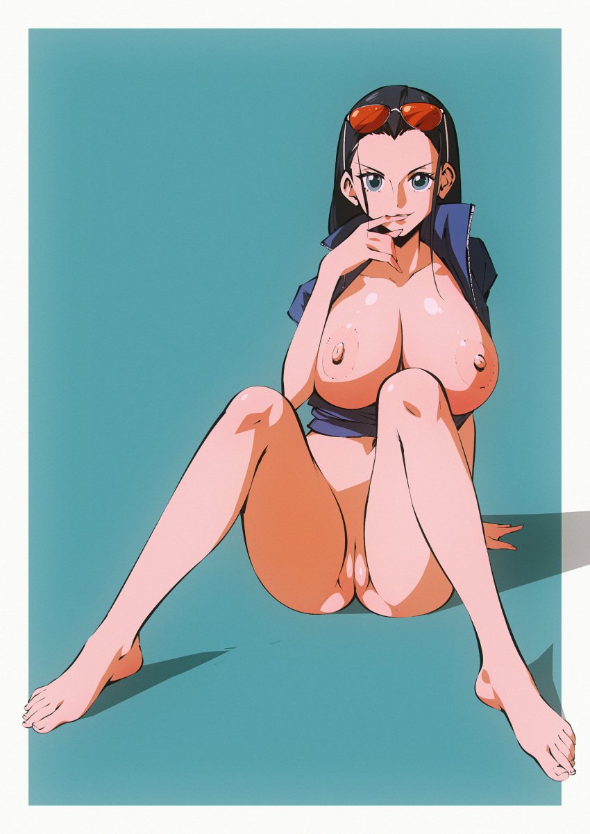 1girls absurd_res areolae big_breasts black_hair blue_eyes breasts female female_only flou full_body hi_res innie_pussy light-skinned_female light_skin long_hair looking_at_viewer naked naked_female nico_robin nipples nude nude_female one_piece post-timeskip pussy solo solo_female spread_legs sunglasses sunglasses_on_head thighs uncensored