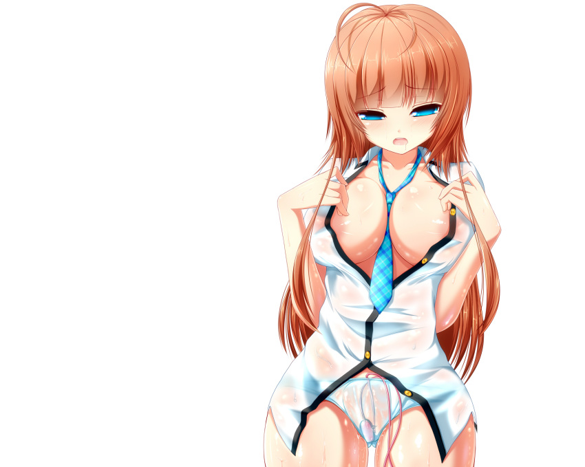 blue_eyes breasts brown_hair masturbation nipples open_clothes open_shirt original panties see-through see-through_panties shirt syroh tie underwear vibrator vibrator_under_clothes vibrator_under_panties white_background