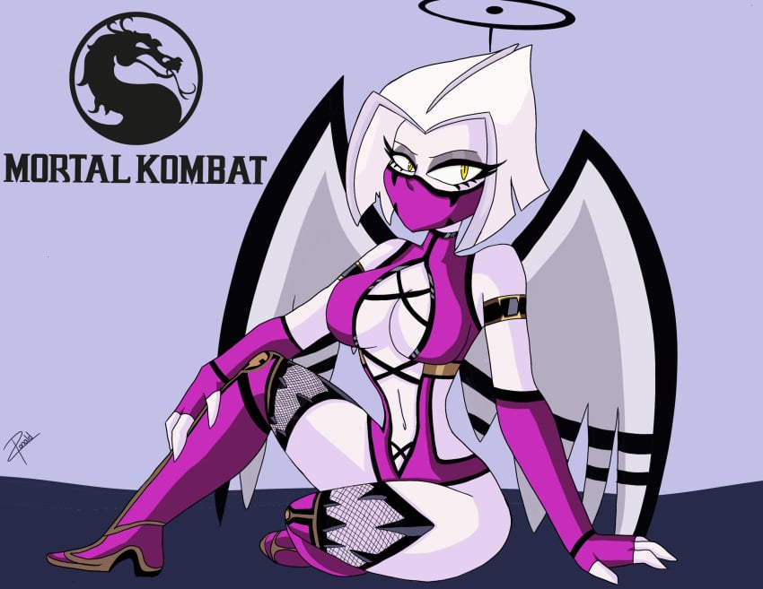 1girls angel angel_girls angel_wings black_halo catholic christianity cleavage clothed cosplay female halo hazbin_hotel lute lute_(hazbin_hotel) mileena_(cosplay) monster monster_girl mortal_kombat mortal_kombat_(2011) nightmare_waifu sitting solo solo_female solo_focus thetitandraw twitter vivienne_medrano vivziepop