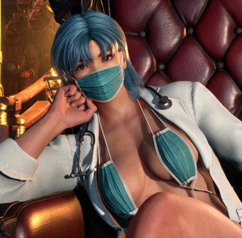 3d big_breasts blue_hair cleavage covid-19_pandemic covid_19 doctor female female_only looking_at_viewer mask mod namco reina_mishima sideboob tekken tekken_8