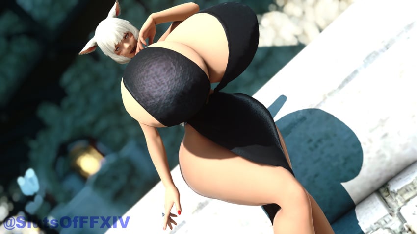 1girls 3d bikini cat_ears cat_tail catgirl female female_only final_fantasy final_fantasy_xiv huge_breasts hyper hyper_breasts light-skinned_female looking_at_viewer miqo'te one-piece_swimsuit red_nails slutsofffxiv smiling_at_viewer square_enix tagme thick_thighs white_hair y'shtola