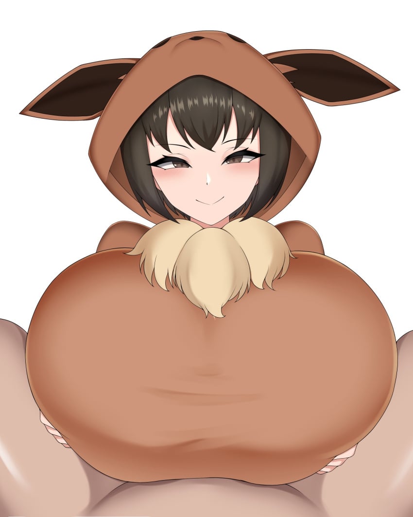 1boy brown_eyes brown_hair clothed_paizuri eevee_(cosplay) female huge_breasts male_pov paizuri poke_kid_(pokemon) pokemon smile tokitamago