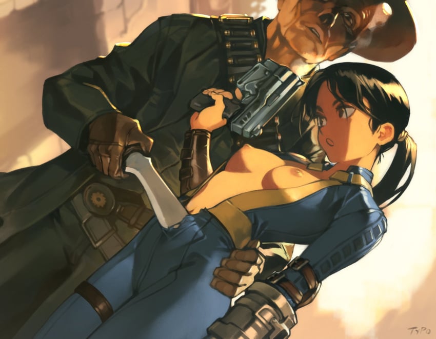 1boy 1girls ai_generated black_hair blue_bodysuit bodysuit breasts breasts_out cooper_howard cutting_clothes duo fallout fallout_(tv_series) female forced_exposure ghoul_(fallout) gun gun_to_head hand_on_hip height_difference holding_knife human jumpsuit knife lucy_maclean male medium_breasts nipples no_bra optionaltypo perky_breasts pistol ponytail tearing_clothes torn_clothes undressing undressing_another weapon