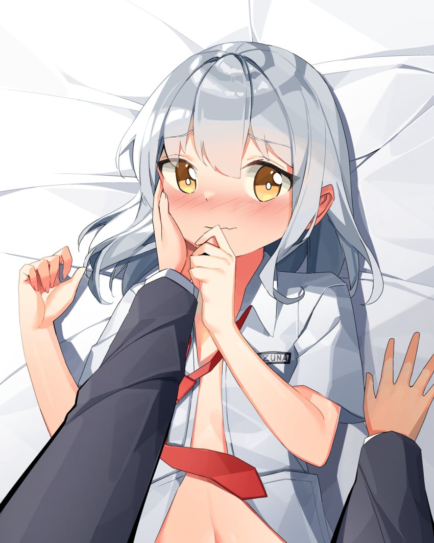 azuna_kagamari embarrassed hand_on_head indonesia indonesian_school_uniform looking_at_viewer white_hair yellow_eyes young