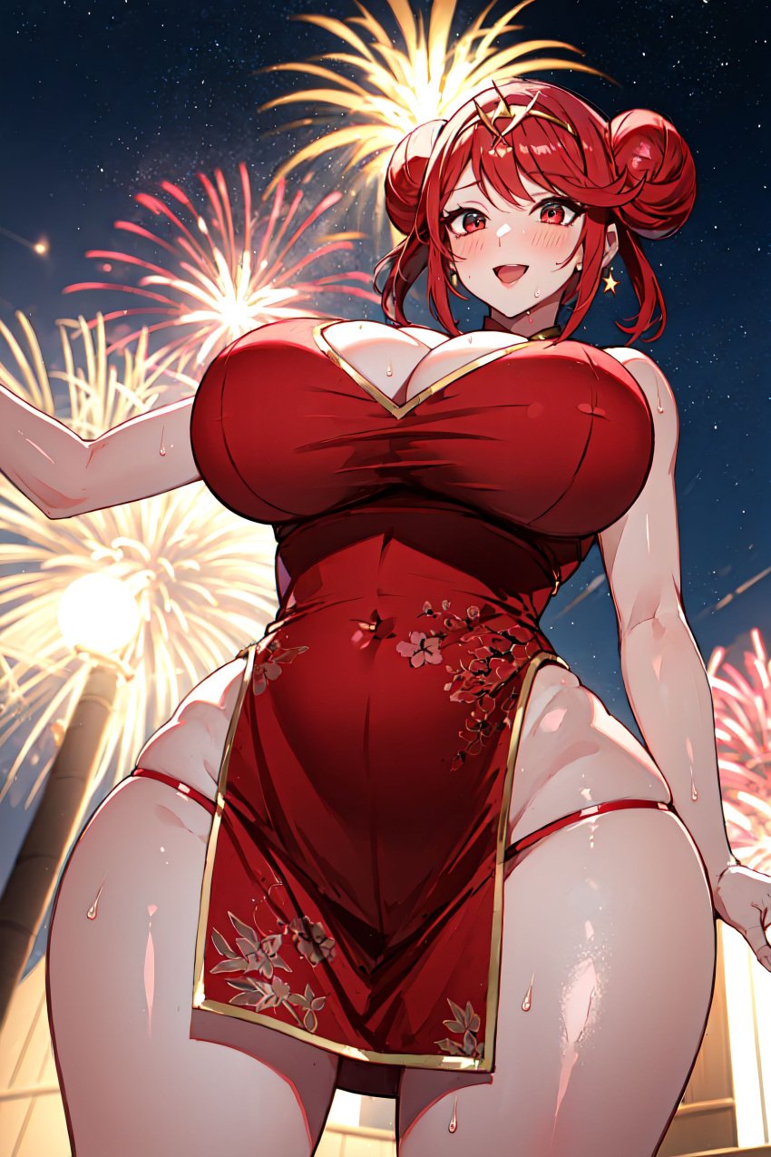 1girls aerial_fireworks ai_generated alternate_breast_size chest_jewel chinese_clothes cleavage_cutout curvy detailed_background double_bun earrings fireworks from_below full-face_blush gem gigantic_breasts happy huge_breasts long_dress mature_female monolith_soft night_sky nintendo pose pyra red_hair seductive_smile shiny_skin shooting_star solo stable_diffusion sweat thick_thighs tiara video_games wide_hips xenoblade_(series) xenoblade_chronicles_2 xenomon