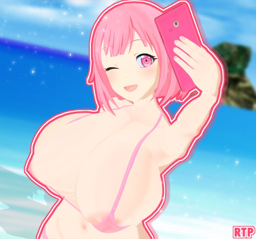 1girls 3d beach bikini holding holding_phone huge_breasts koikatsu koikatsu_(medium) looking_at_phone one_eye_closed ootori_emu open_mouth outdoors pink_bikini pink_eyes pink_hair project_sekai self_upload shobobon short_hair smartphone smile solo suggestive wink