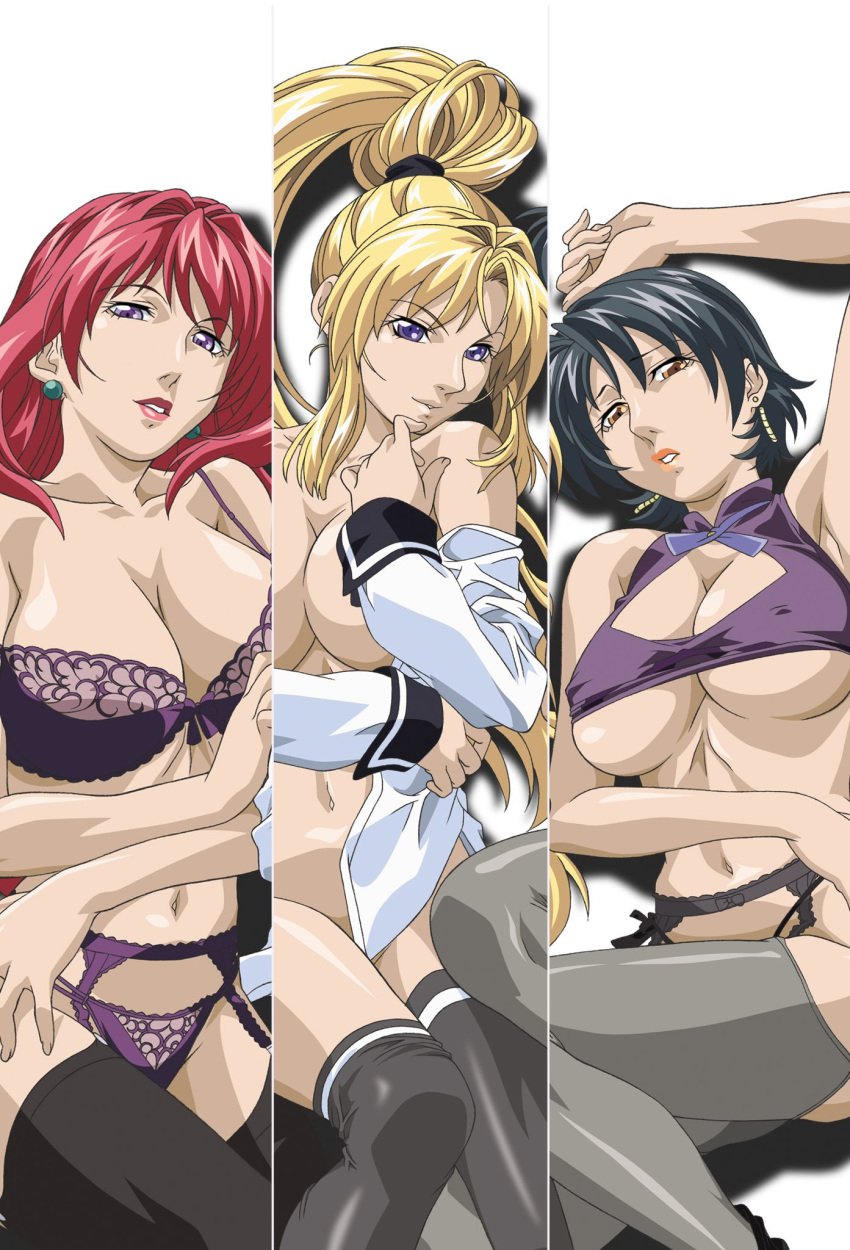 3girls armpits bare_shoulders bible_black bible_black_only black_hair black_legwear blonde_hair blue_eyes bottomless bra breasts brown_eyes cleavage cleavage_cutout clothing clothing_cutout earrings female garter_belt high_resolution jewelry lace lace-trimmed_bra lace-trimmed_legwear lace-trimmed_panties lace_bra lace_panties lace_trim large_breasts legwear lingerie lips lipstick long_hair looking_at_viewer lying makeup mature mature_female milky_animation_label minase_yukiko ms_pictures multiple_girls navel no_bra off_shoulder official_art on_back open_clothes open_shirt orange_eyes pantsu parted_lips ponytail purple_bra purple_eyes purple_panties purple_underwear red_hair saeki_kaori school_uniform shirt short_hair smile stockings takashiro_hiroko teacher_and_student thighhighs tied_hair underboob underwear underwear_only uniform very_long_hair yoshiten