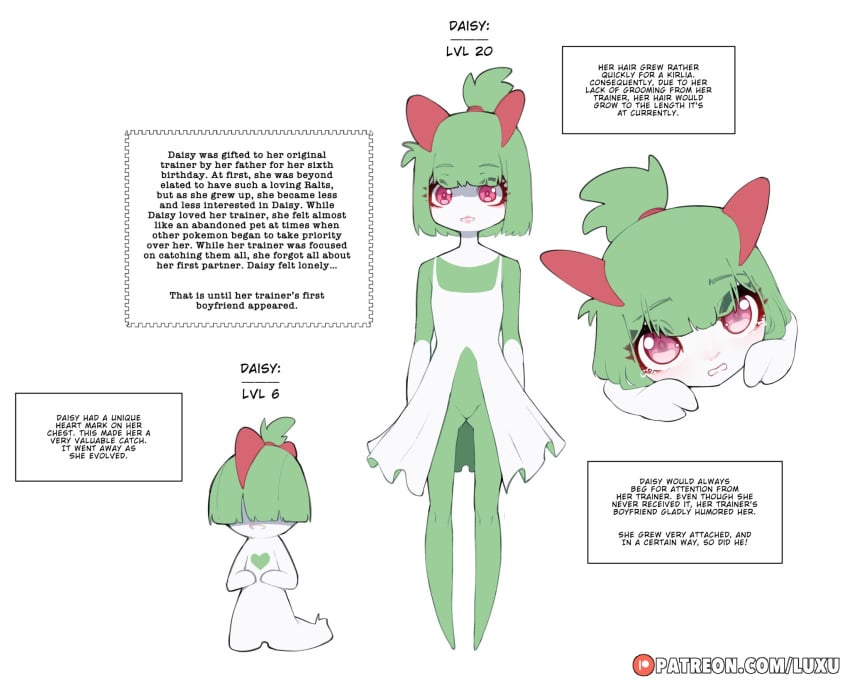 character_profile daisy_(luxurias) english_text generation_3_pokemon green_hair hi_res kirlia luxurias nintendo pink_eyes pokémon_(species) pokemon pokemon_(species) ralts short_ponytail tears text text_box tied_hair white_hair