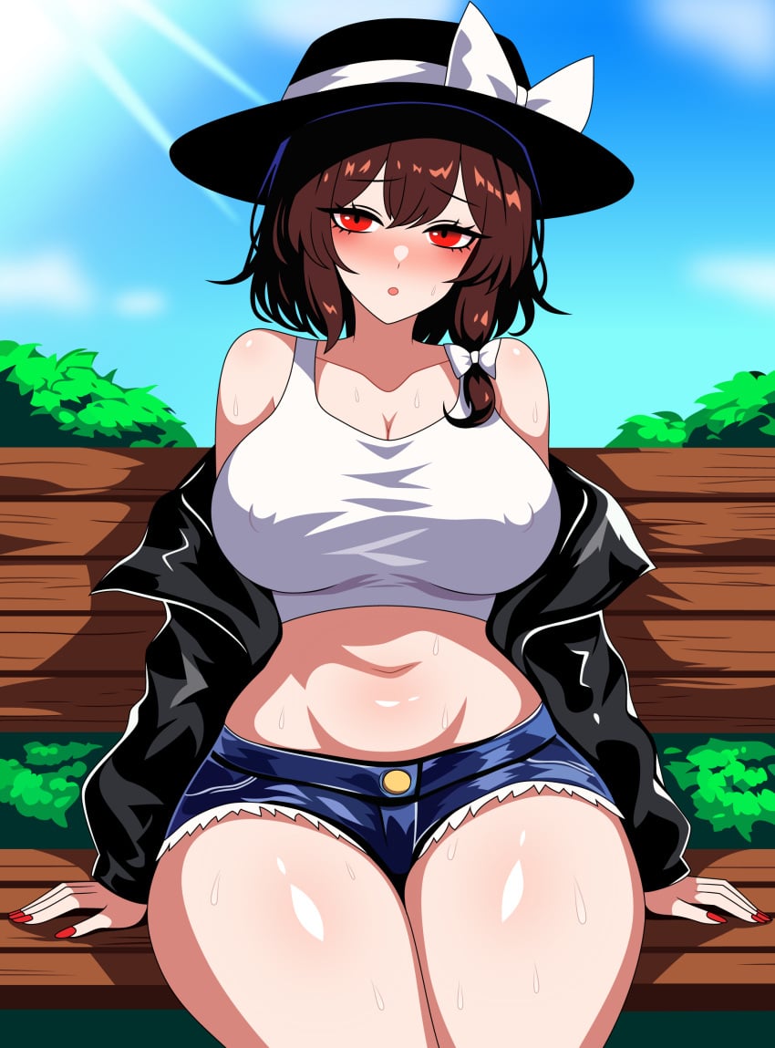 1girls 2d bare_shoulders belly belly_button bench big_breasts blush breasts brown_hair cleavage clothed clothed_female crop_top day denim_shorts female hair_ribbon hat hips jacket jacket_down light-skinned_female light_skin looking_at_viewer midriff nail_polish nipple_bulge nipples nipples_visible_through_clothing no_bra open_jacket open_mouth outdoors pale-skinned_female pale_skin red_eyes red_nail_polish red_nails renko_usami sharp_fingernails sharp_nails shiny_hair shiny_skin shirt short_hair shorts sidelock sitting solo source ssaf ssaf52913778 ssaf_seibeupail sweat sweating thick_thighs thighs touhou wide_hips