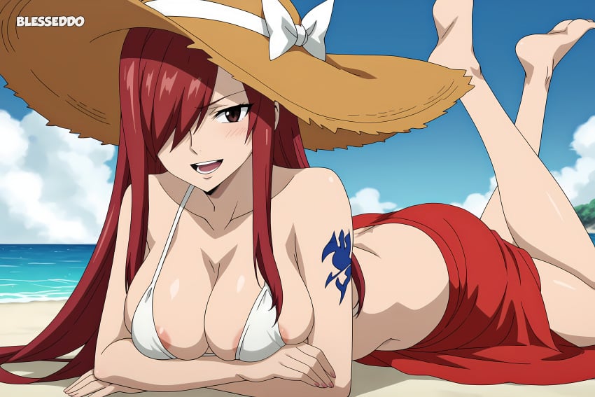 1girls ai_generated beach blesseddo breasts cleavage erza_scarlet fairy_tail female female_only long_hair red_hair solo tagme